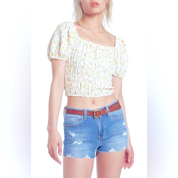 NWT Elodie Floral Square Neck Smocked Puff Sleeve Pink Orange Crop Top- Sz Large - Picture 7 of 9